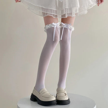 Women Black Bows Lace Knee High Socks Japanese Lolita Style Knee High Long Socks JK Sexy Stockings Girls Kawaii Stockings