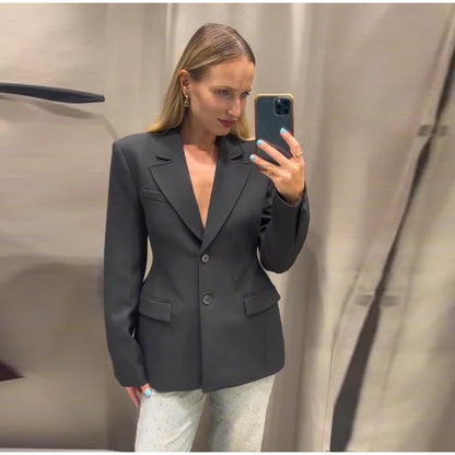 Elegant Shoulder Pad Slim Suit Jackets Women Solid Lapel Long Sleeved Jacket Female 2025 Spring Chic Daily Style Outwears Tops