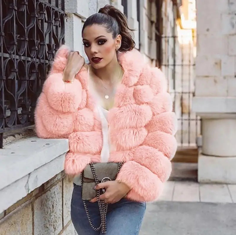 Fashion Winter Women Imitation Fox Fur Jacket Hooded Loose Long Sleeves Female Eco Fur Coat Patchwork Plush Thick Lady Fur Coat