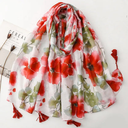 Spain Fashion Petal Floral Tassel Viscose Shawl Scarf Lady High Quality Print Soft Pashmina Stole Bufandas Muslim Hijab 180*90Cm
