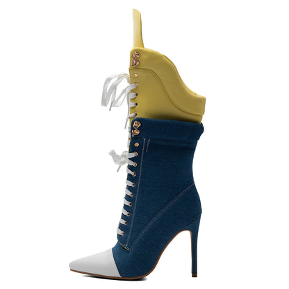 Color Block Denim Stiletto Mid Calf Boots Contrast White Toe Yellow Fold Over Cuff Front Lace Up Slim Heel Booties Women Punk