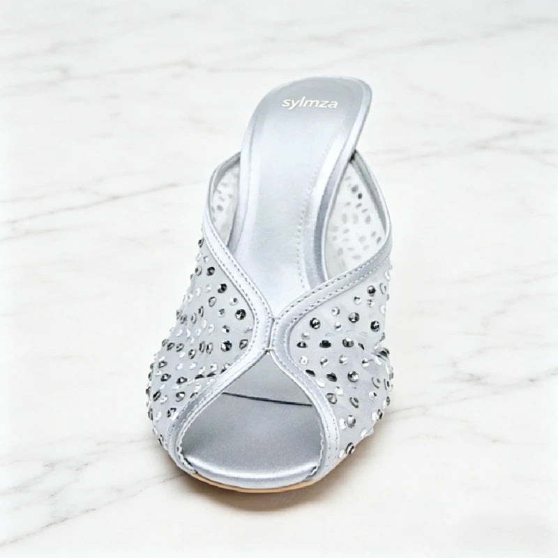 Luxury Rhinestone Detail Mules Sandals Women Sexy Peep Toe High Heel Slippers for Ladies Elegant Banquet Shoes Summer Mesh Shoes