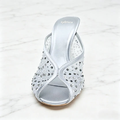 Luxury Rhinestone Detail Mules Sandals Women Sexy Peep Toe High Heel Slippers for Ladies Elegant Banquet Shoes Summer Mesh Shoes