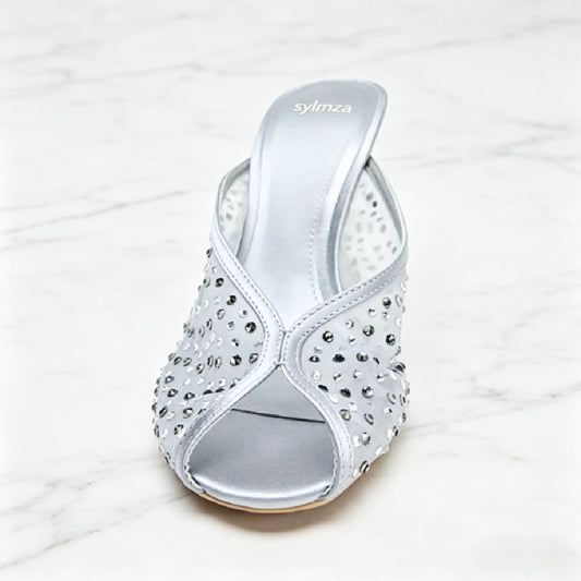 Luxury Rhinestone Detail Mules Sandals Women Sexy Peep Toe High Heel Slippers for Ladies Elegant Banquet Shoes Summer Mesh Shoes