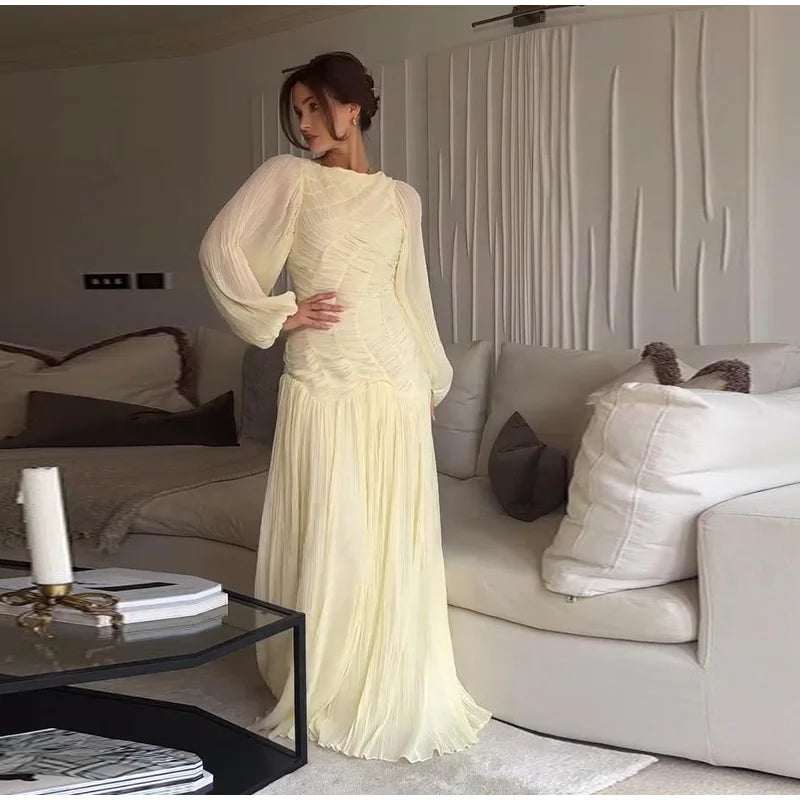 2026 Summer Women's Elegant Pleated Long Dress O-neck Loose Folds Lantern Sleeve Holiday Beach Commute Chic Vestidos