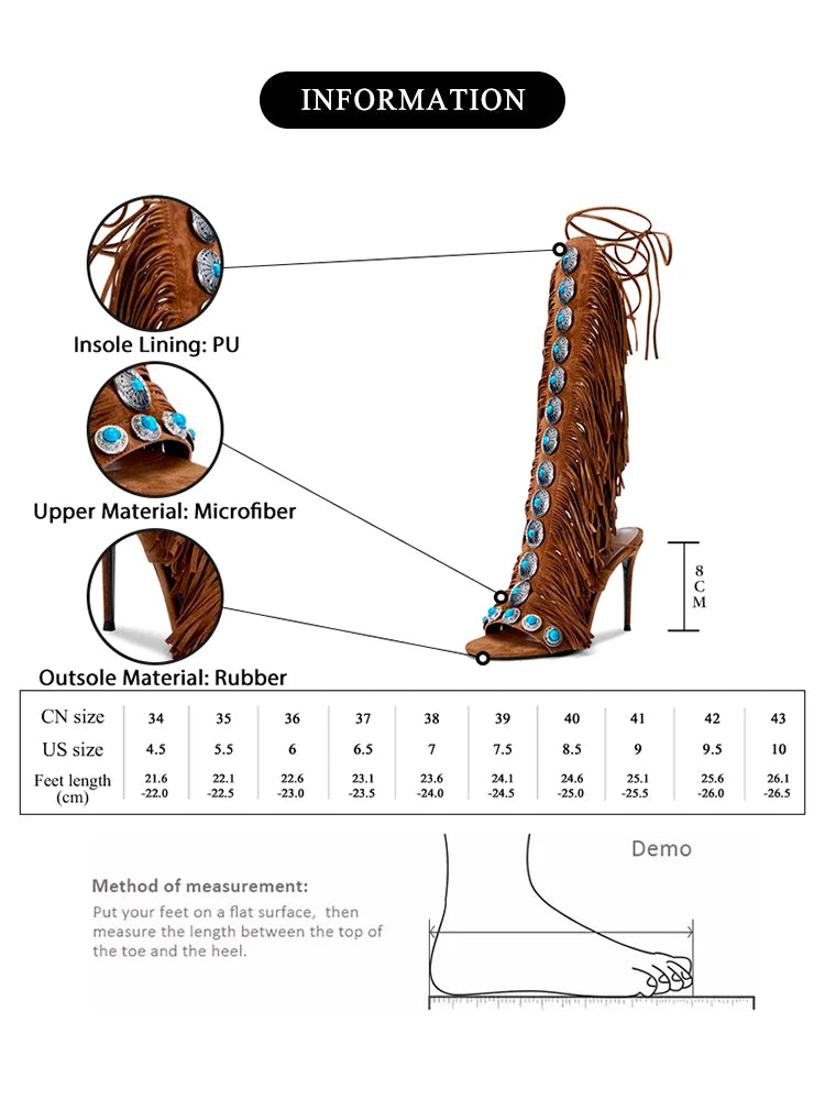 GMQM 2025 New Summer Festival Women's Knee High Boots Fringe Strappy Sandals Open Toe Lace-up Tassels High Heel For Dressy Shoes