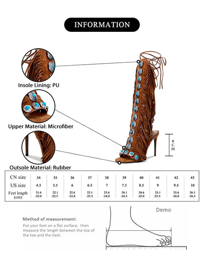 GMQM 2025 New Summer Festival Women's Knee High Boots Fringe Strappy Sandals Open Toe Lace-up Tassels High Heel For Dressy Shoes