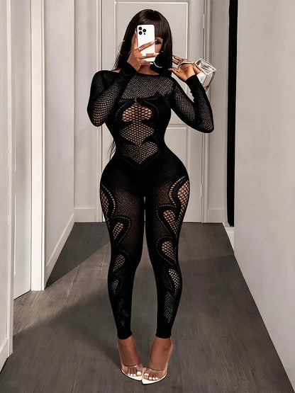 FHSEER Women's Sexy Jumpsuit Sheer Mesh Long Sleeve Hollow Out Bodycon High-Waist Stretchy Club Party Date Night Out Outfit