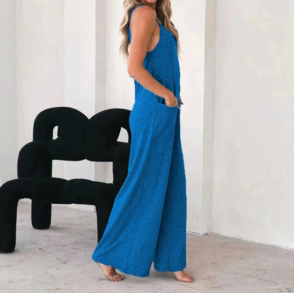 Plus Size Casual Sleeveless Jumpsuit Spaghetti Strap Loose Wide Leg Pocketed Beach Vacation Romper for Women