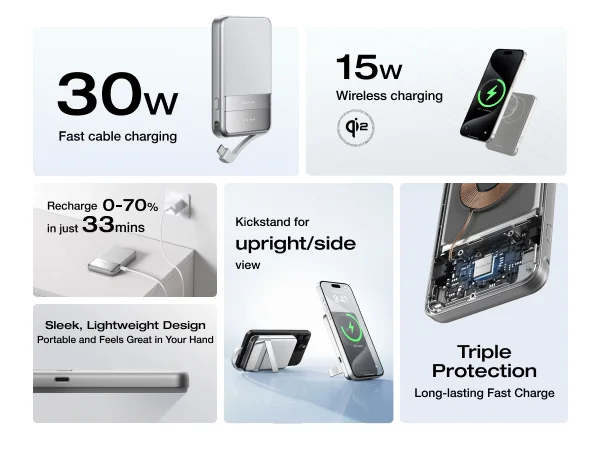 ECOFLOW Rapid Power Bank Wireless 5000mAh, Qi2 Certified Ultra-Fast Magnetic Portable Charger with Stand & Built-in USB-C Cables