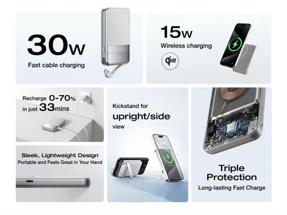 ECOFLOW Rapid Power Bank Wireless 5000mAh, Qi2 Certified Ultra-Fast Magnetic Portable Charger with Stand & Built-in USB-C Cables