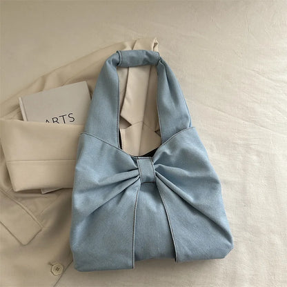 Sweet Bowknot Design Women's Denim Shoulder Bags Commuter Thread Ladies Handbags Casual Lightweight Female Underarm Tote Bag