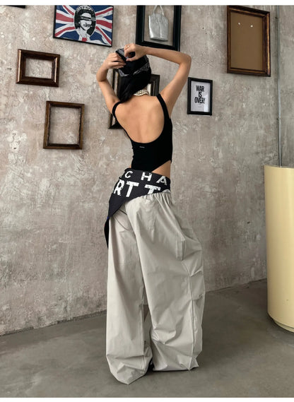 Women Y2K Wide Leg Cargo Pants 2026 Spring Cross-layer Straps Casual Hip Hop Dance Streetwear Trousers Baggy Vintage Fashion
