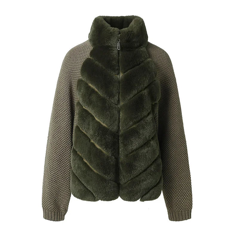 Knit Long Sleeve Faux Fur Patchwork Jacket Coat Women Zipper 20256Winter Fashion Warm Female Cardigans Commute Lady Outwear Tops