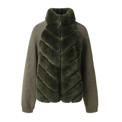 Knit Long Sleeve Faux Fur Patchwork Jacket Coat Women Zipper 20256Winter Fashion Warm Female Cardigans Commute Lady Outwear Tops