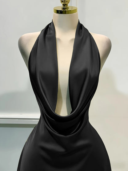Women Elegant Solid Satin Dress, Back Zipper Open Back Fitted Midi Dress, Casual Vacation Party Banquet Cocktail Gown