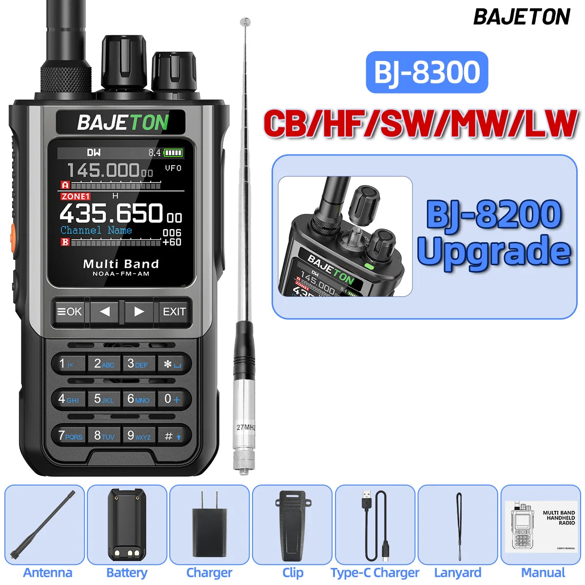 BAJETON BJ-8300 10W Ham Radio HF SSB CB Walkie Talkie AM USB LSB CW Bluetooth Phone Programming Portable Shortwave Two Way Radio