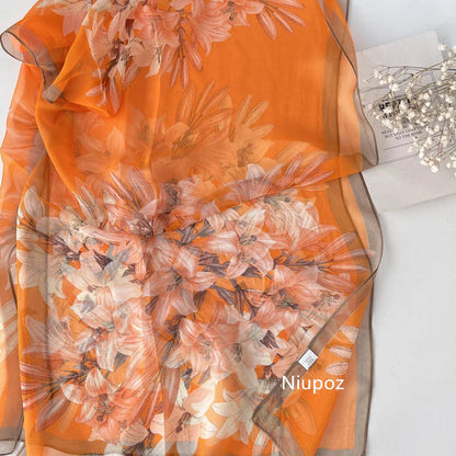 Gradient Lily Print Pretty Women Elegant Chiffon Georgette Bandana Scarf Summer Beach Sunscreen Thin Shawl