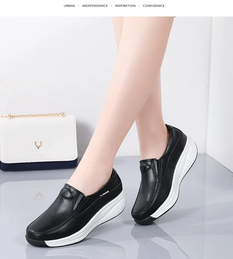 Women Flats Platform Loafers Ladies Elegant Genuine Leather Moccasins Shoes Woman Spring Round Toe Slip On Casual Women's Shoes