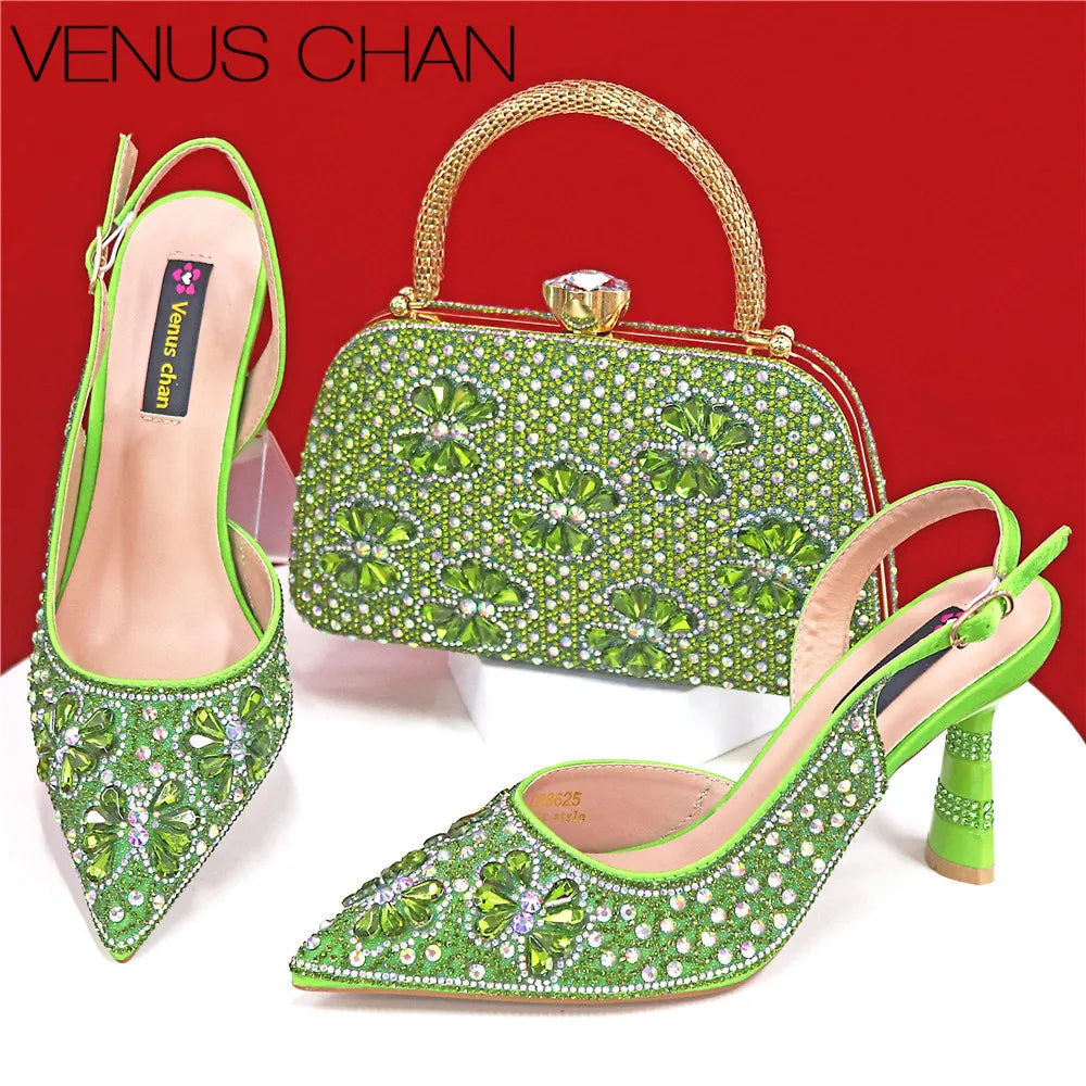 Luxury Handmade Flowers Shoes and Clutch for Women- Nigerian Style Elegant Crystal Heels with Matching Evening Bags