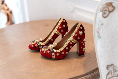 Purple Velvets Women Shallow Pumps Round Toe Crystal Gold Decorations Chunky High Heels 10cm Wine Red Prom Party Creepers Sapato