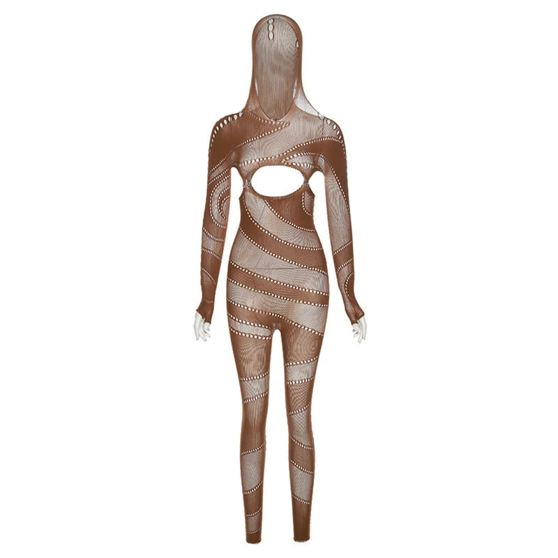 OMSJ High Stretchy Knitted Cut Out See-through Tight Jumpsuit High Waist Full Sleeve Hooded One Piece Nightclub Romper Partywear