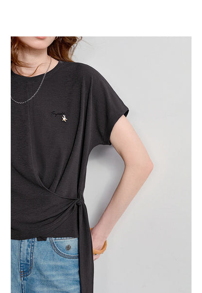 TOYOUTH Women's Asymmetric Wrap Tie T-Shirt 2026 Summer New Long Sleeve Starfish Print Loose Pullover Top