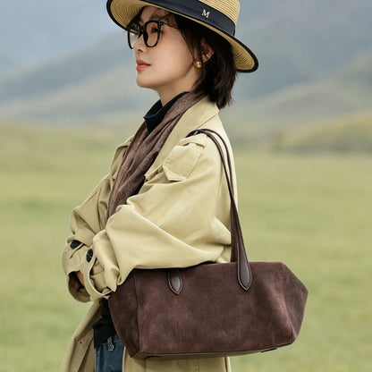New Women's Natural Suede Leather long handle Shoulder Bag Luxury Designe Genuine Suede Leather Handbags Shopping Underarm Bag