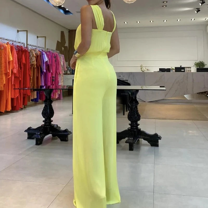 2024 Sleeveless Split Straight Romper Sexy Off Shoulder High Waist Long Romper Elegant Solid Color Temperament Commute Jumpsuits
