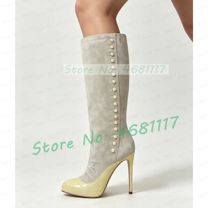 Beige Suede Yellow Leather Patchwork Boots Women Elegant Round Toe Button Decor Knee High Heels Streetwear Side Zipper Boots
