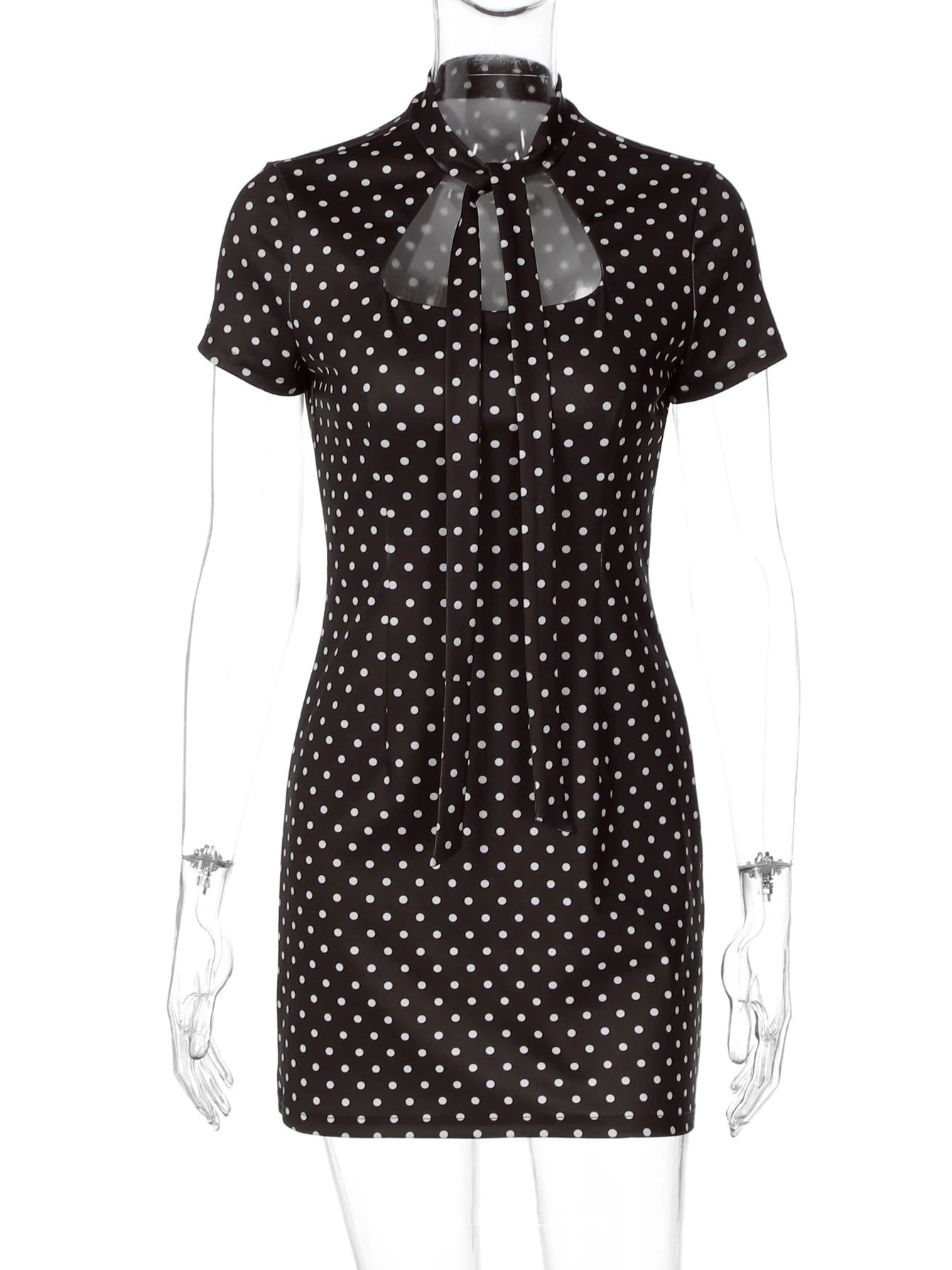 Dulzura Turtleneck Short Sleeve Lace Up Hollow Out Polka Dot Mini Dress Women'S Fashion Sexy Elegant Dress Party Vacation Outfit