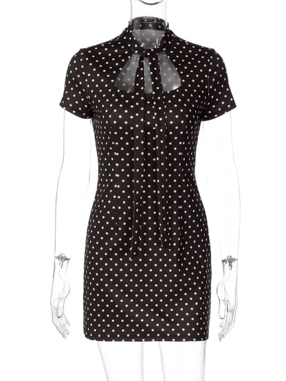 Dulzura Turtleneck Short Sleeve Lace Up Hollow Out Polka Dot Mini Dress Women'S Fashion Sexy Elegant Dress Party Vacation Outfit