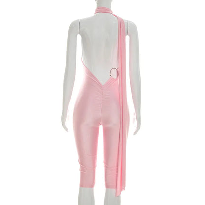 Sexy Backless Ruched Halter Neck Tie Solid Slim Fit Capris Jumpsuit Women Fashion Overalls Playsuits Beach Vacation Clubwear
