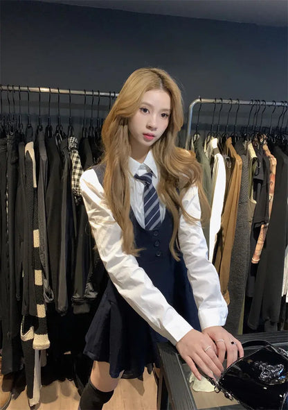 Japan And Korea College Style Jk Set Women's Long Sleeve Shirt Pleated Skirt Strap Dress Set Two Piece Set School Jk Uniform