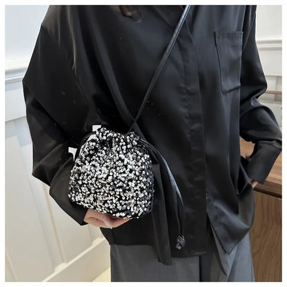 Shiny Sequin Drawstring Shoulder Bags for Women, Mini Crossbody Purse ,Sparkly Evening Handbag Suitable for Party Night Out