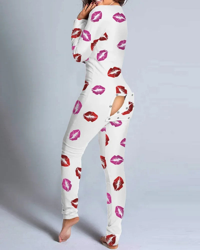 New Women Pajamas Sexy V-neck Jumpsuit Plaid Casual Long Sleeve Pyjama Button-down Front Functional Buttoned Flap Sleepwear