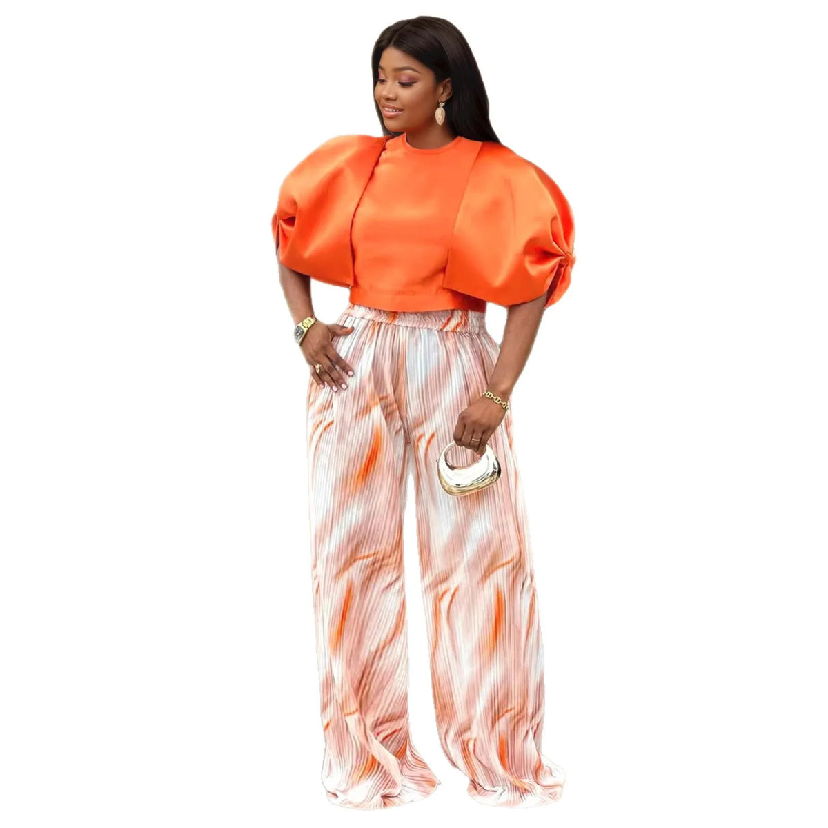 Plus-size Fashion Women's Outfit: Orange Puff-sleeve Short Top + Gradient Striped High-waisted Wide-leg Drapey Long Pants Set