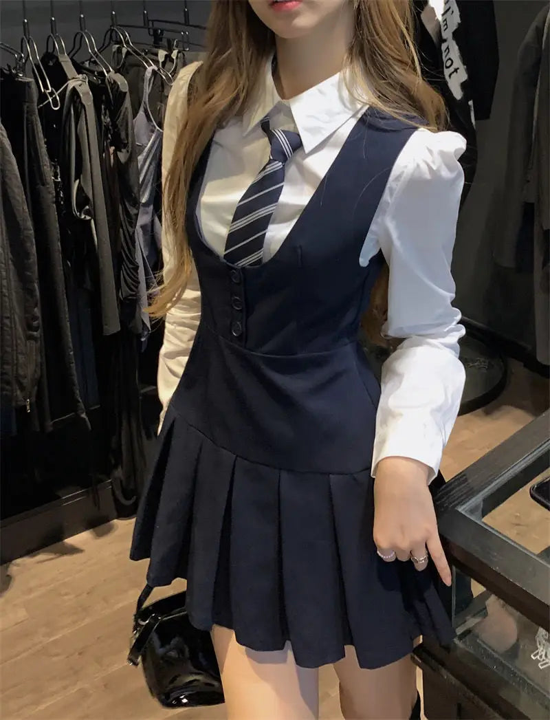 Japan And Korea College Style Jk Set Women's Long Sleeve Shirt Pleated Skirt Strap Dress Set Two Piece Set School Jk Uniform