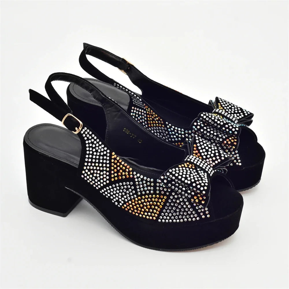 Nigeria Ladies Shoe and Bag Set Decorated with Rhinestone Block Heel Comfortable Platform Pumps Luxury Designer Shoes Women