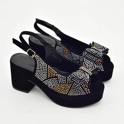 Nigeria Ladies Shoe and Bag Set Decorated with Rhinestone Block Heel Comfortable Platform Pumps Luxury Designer Shoes Women