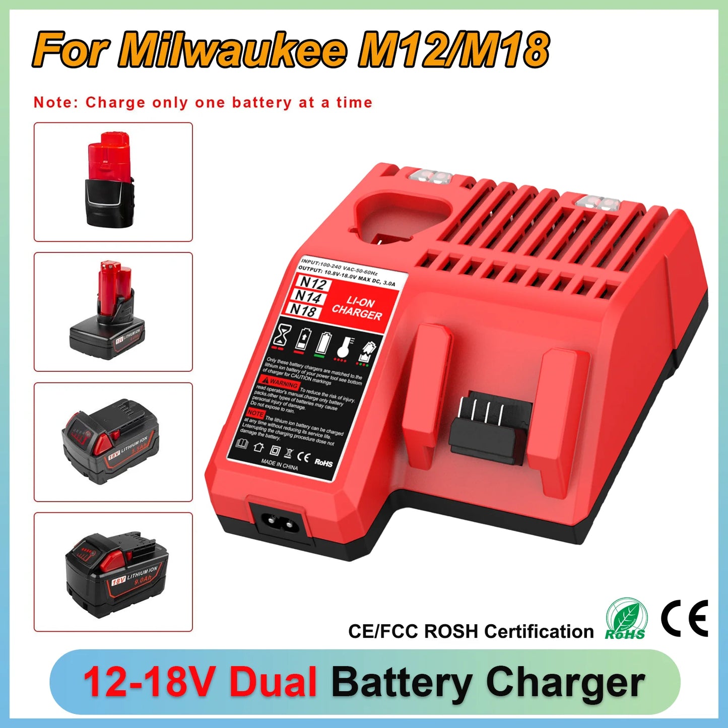 Rapid Charger 3A Li-Ion Battery Charger For Milwaukee 12V 18V M12 M18 Dual Port Lithium Battery Charger 48-11-2420 48-11-1840