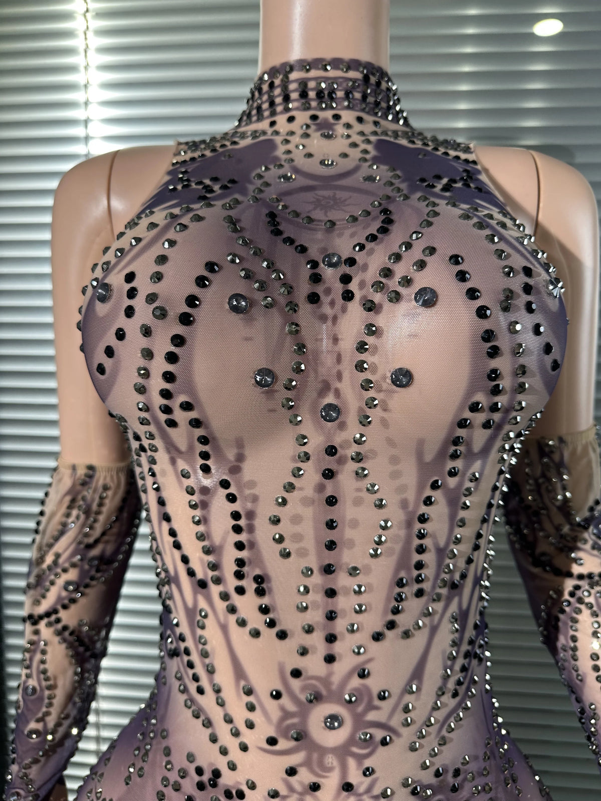 Chic Sheer Mesh Full Body Jumpsuit Women Sexy Rhinestone Embellished High Neck Slim-fit Outfit Nightclub Evening Party Costume