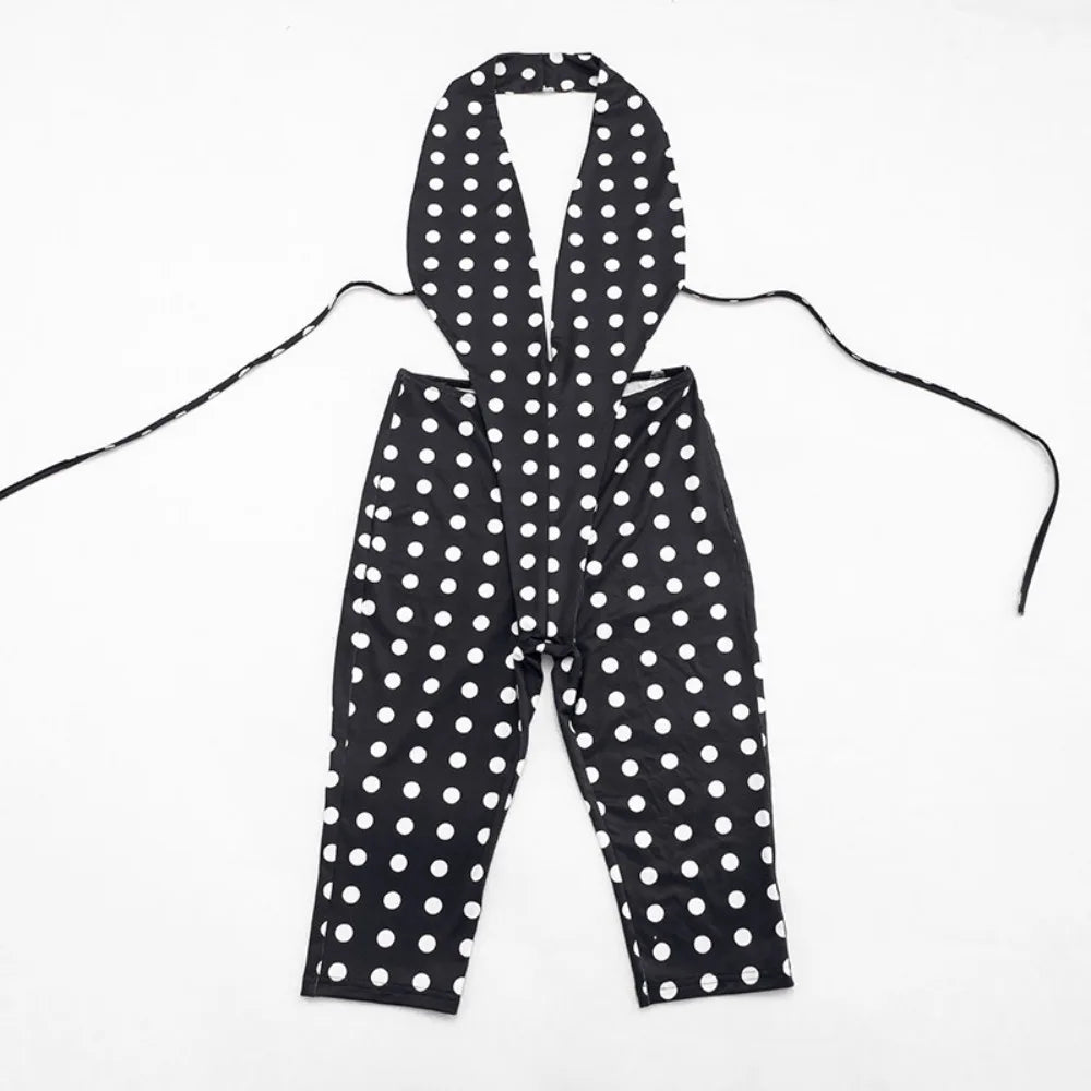 FLARORA Sexy Polka Dot Print Jumpsuits Woman Hipster Halter Sleeveless Backless Hollow Skinny Jumpsuit Hottie Party Streetwear
