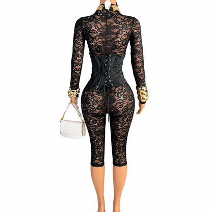 FAGADOER Sexy Lace See Through Corset Jumpsuit Women Hollowed-out Long Sleeve Bodycon Capri Pants Clubwear Night Party Outfit