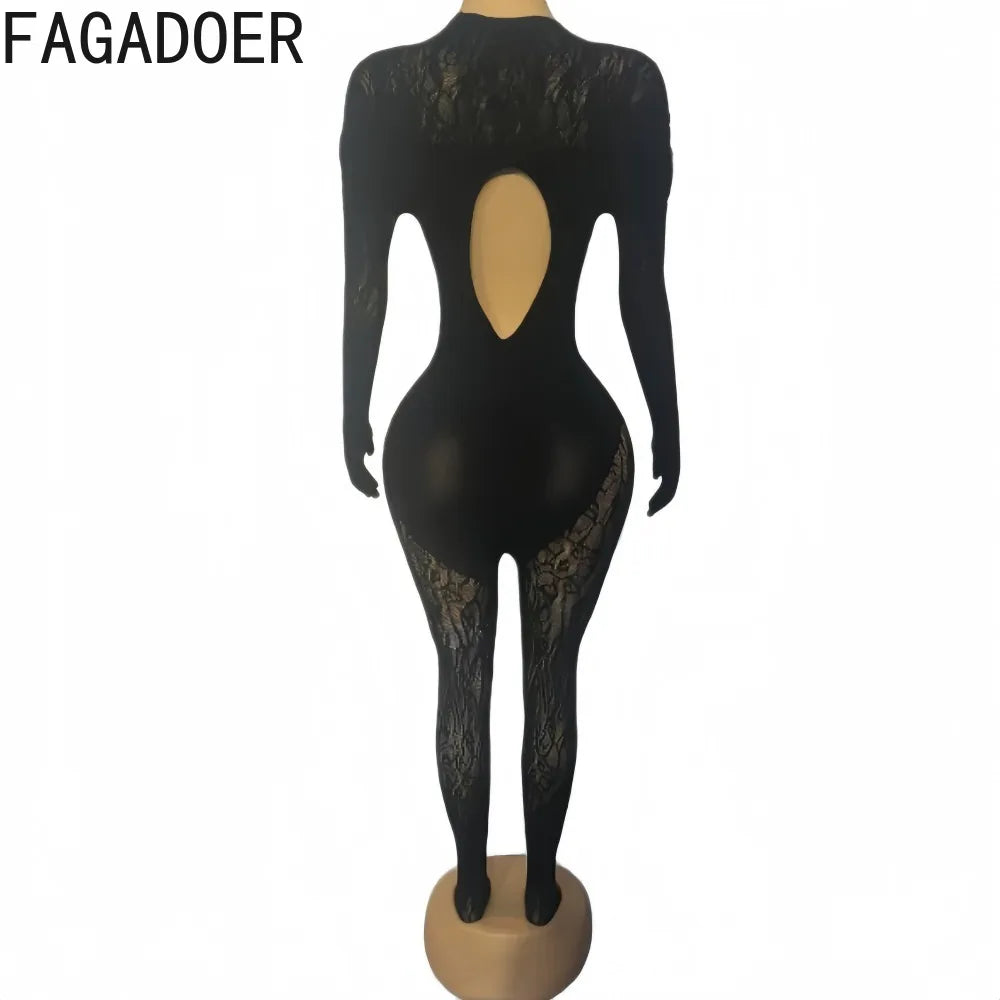 FAGADOER Sexy Knitted Patchwork Bodycon Jumpsuits Hot Girl Black See Through Hollow Out Romper Summer Night Party Club Playsuits