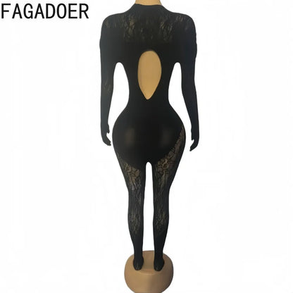 FAGADOER Sexy Knitted Patchwork Bodycon Jumpsuits Hot Girl Black See Through Hollow Out Romper Summer Night Party Club Playsuits