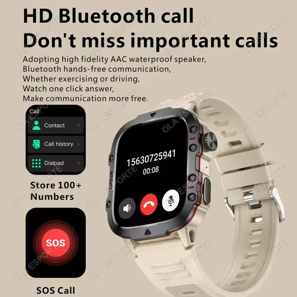 2026 New Military Smart Watch Men 3ATM Outdoor Sports Fitness Tracker Blood Pressure Health Monitoring BT Call GPS Smartwatch