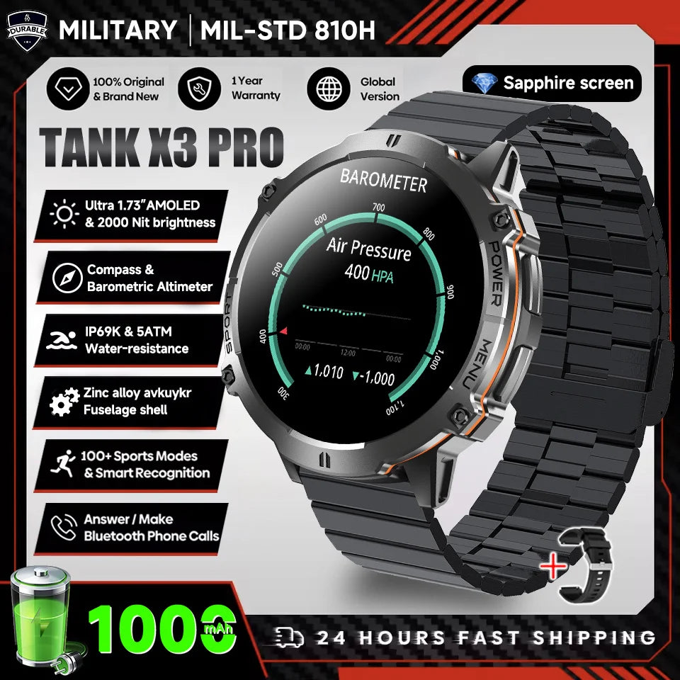 2026 New Military TANK X3 1000mAh Battery Smart Watch Men 10ATM Waterproof Swim GPS Path 1.75" AMOLED HD Call Sports Smartwatch