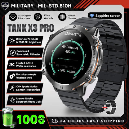 2026 New Military TANK X3 1000mAh Battery Smart Watch Men 10ATM Waterproof Swim GPS Path 1.75" AMOLED HD Call Sports Smartwatch