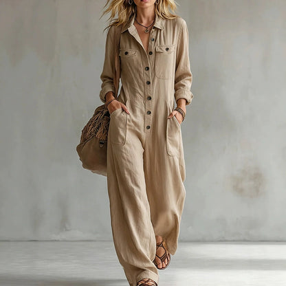 Retro Lapel Buttoned Pocket Solid Loose Commuting Pocket Jumpsuit Women Autumn New Vacation All-match Jumpsuits Women's Clothing